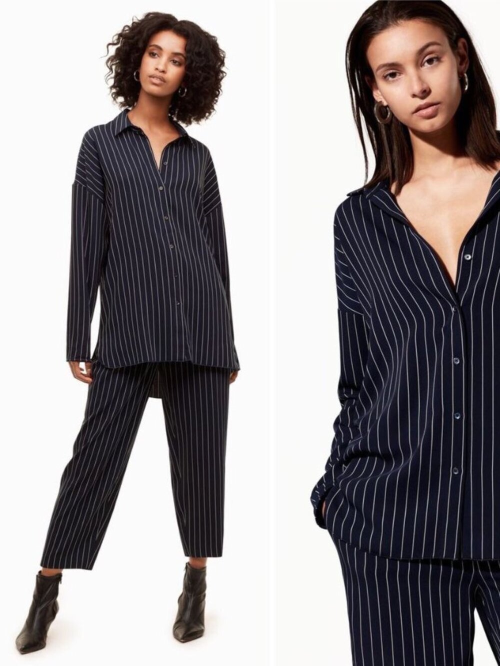Babaton Navy Pinstripe Button-Up Blouse